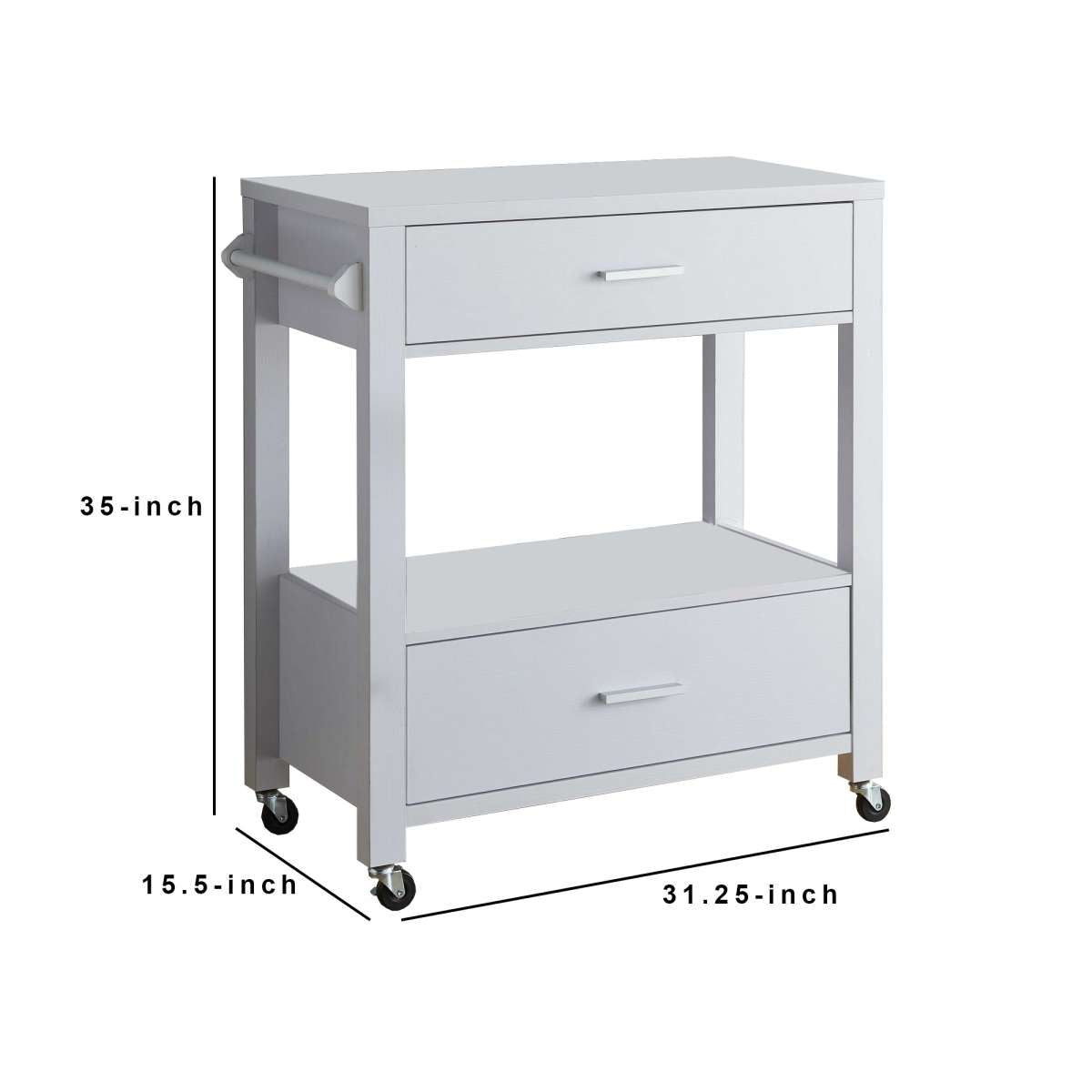 2 Drawer Wooden Kitchen Cart With Casters And 1 Open Shelf, White By Benzara | Bar Carts |  Modishstore  - 2