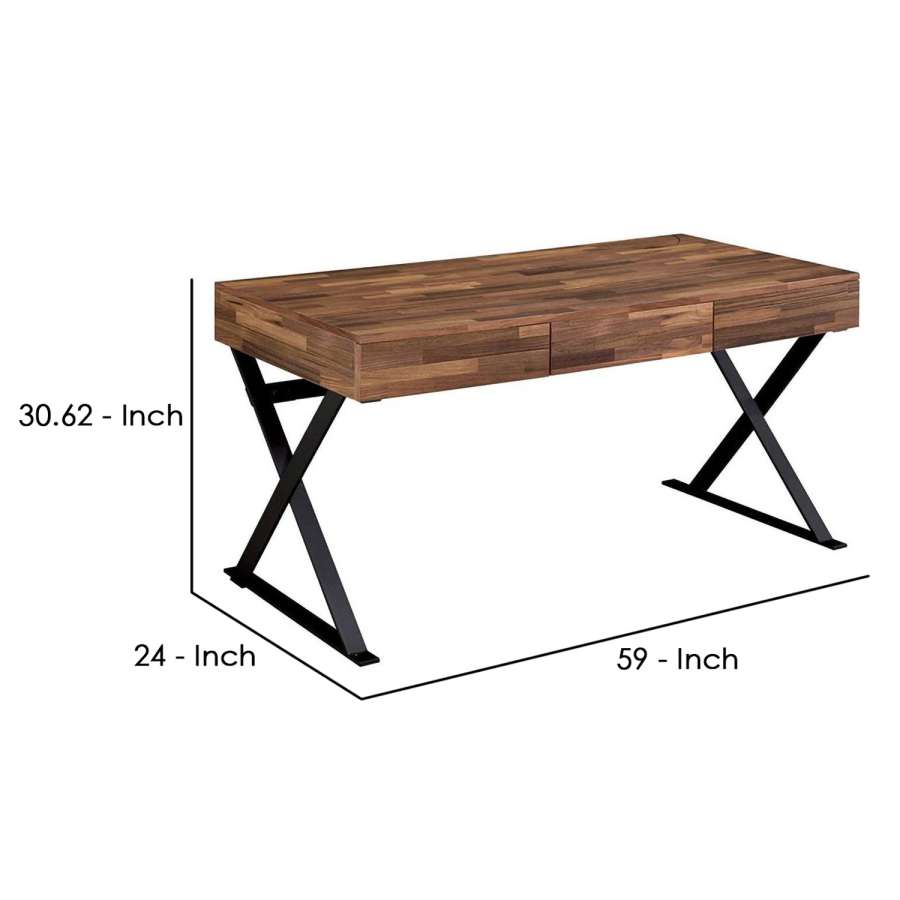 Industrial 3 Drawer Writing Desk With X Legs, Brown And Black By Benzara | Desks |  Modishstore  - 2