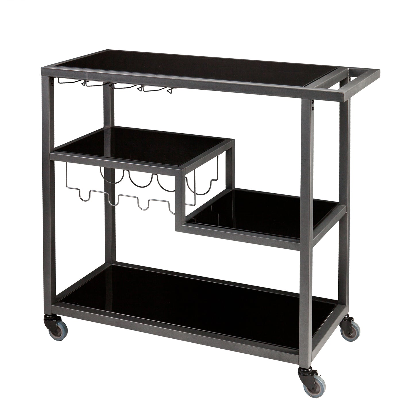 Contemporary Style Metal Bar Cart With Tempered Glass Shelves, Gunmetal Gray Black By Benzara | Bar Carts | Modishstore - 6