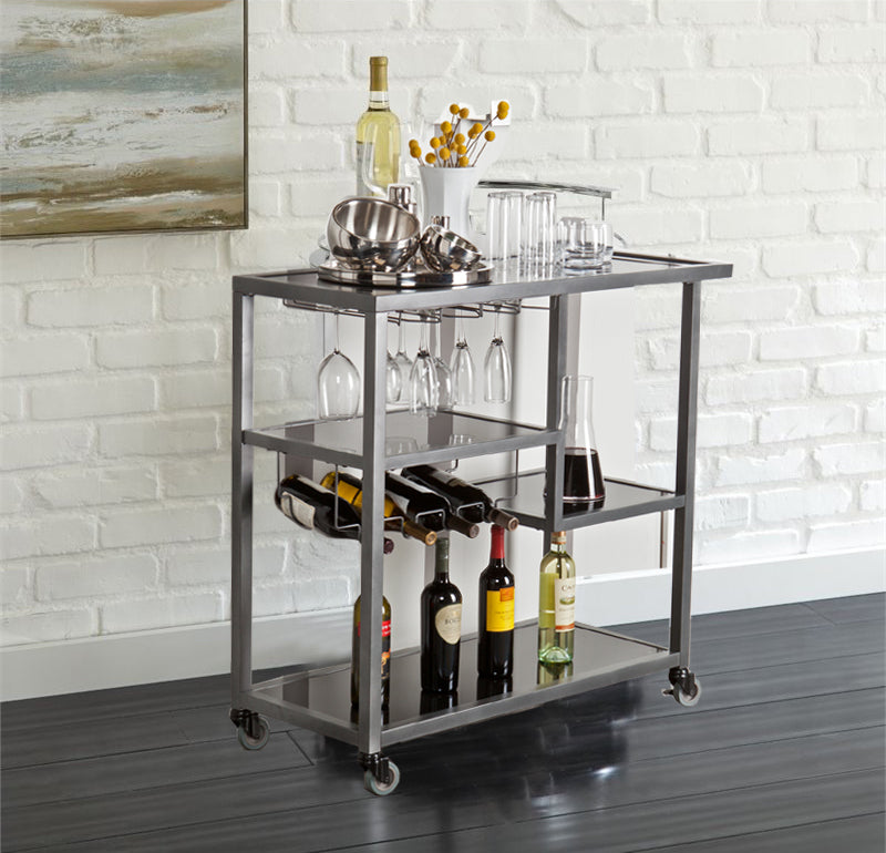 Contemporary Style Metal Bar Cart With Tempered Glass Shelves, Gunmetal Gray Black By Benzara | Bar Carts | Modishstore