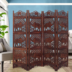 Benzara Hand Carved Elephant Design Foldable 4-Panel Wooden Room Divider, Brown By Benzara