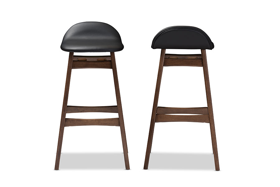 Baxton Studio Bloom Mid-century Retro Modern Scandinavian Style Black Faux Leather Upholstered Walnut Wood Finishing 30-Inches Bar Stool (Set of 2) | Bar Stools | Modishstore - 2