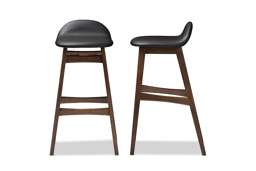 Baxton Studio Bloom Mid-century Retro Modern Scandinavian Style Black Faux Leather Upholstered Walnut Wood Finishing 30-Inches Bar Stool (Set of 2) | Bar Stools | Modishstore - 3