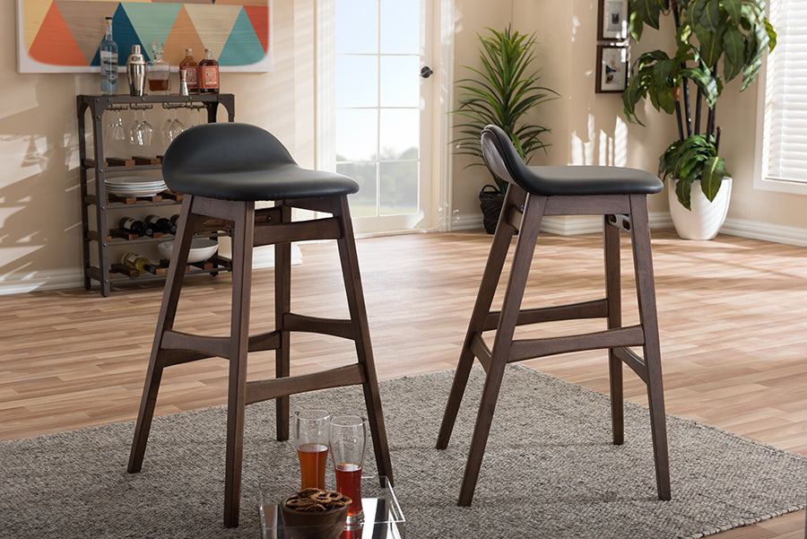 Baxton Studio Bloom Mid-century Retro Modern Scandinavian Style Black Faux Leather Upholstered Walnut Wood Finishing 30-Inches Bar Stool (Set of 2) | Bar Stools | Modishstore