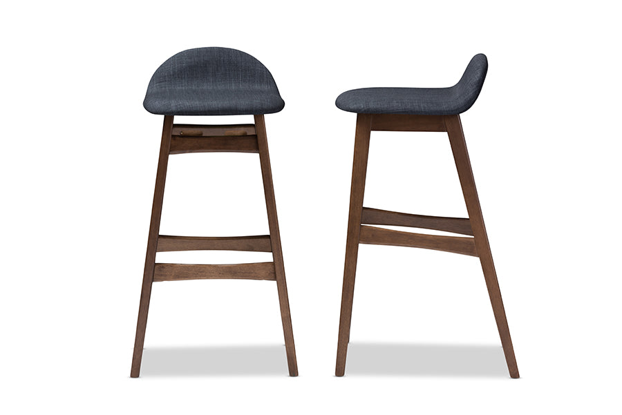 Baxton Studio Bloom Mid-century Retro Modern Scandinavian Style Dark Blue Fabric Upholstered Walnut Wood Finishing 30-Inches Bar Stool (Set of 2) | Bar Stools | Modishstore - 3