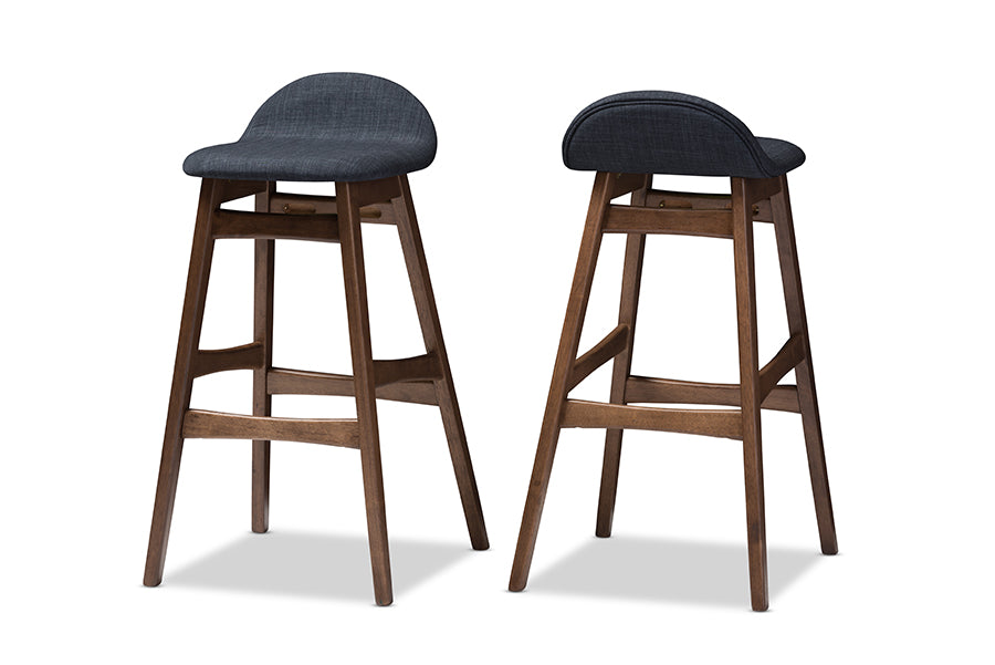 Baxton Studio Bloom Mid-century Retro Modern Scandinavian Style Dark Blue Fabric Upholstered Walnut Wood Finishing 30-Inches Bar Stool (Set of 2) | Bar Stools | Modishstore - 2