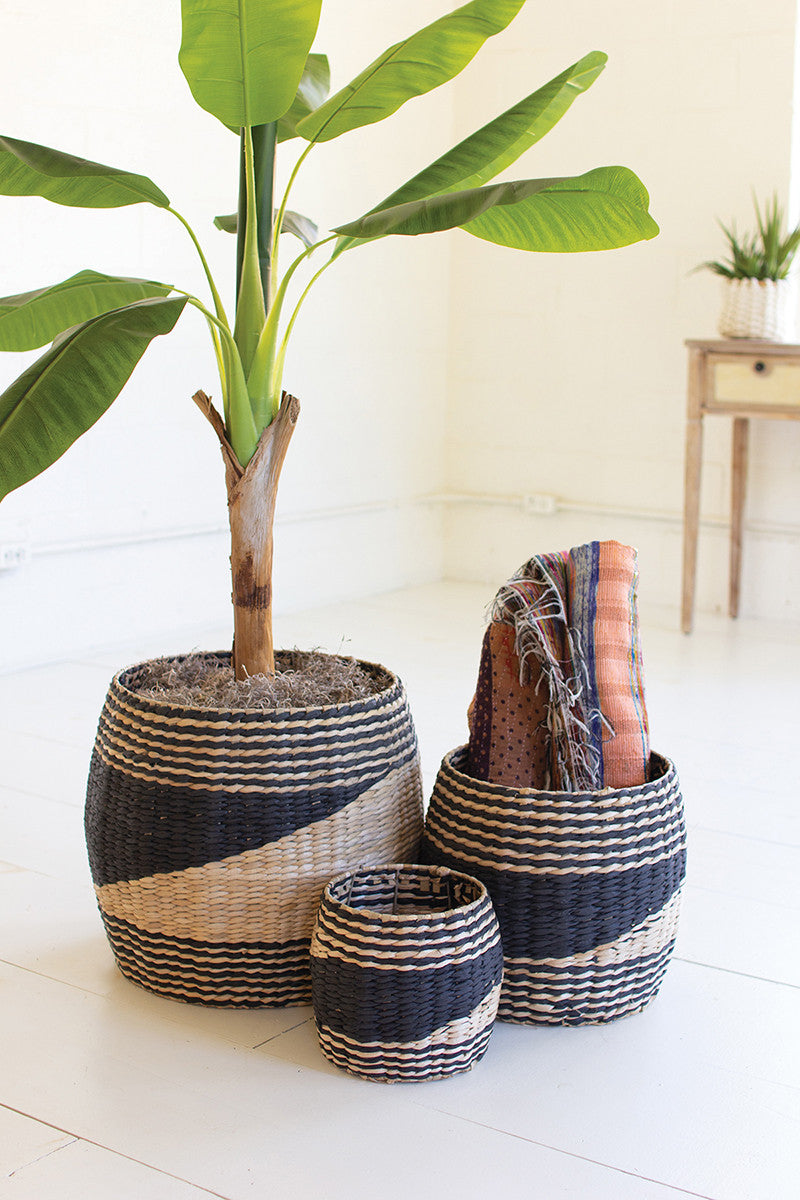 Round Black And Natural Seagrass Baskets Set Of 3 By Kalalou | Modishstore | Bins, Baskets & Buckets