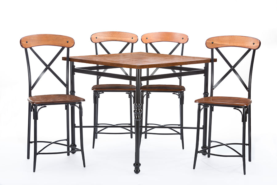 Baxton Studio Broxburn Light Brown Wood & Metal 5-Piece Pub Set | Modishstore | Pub Tables