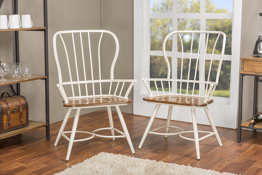 Baxton Studio Longford "Dark-Walnut" Wood and White Metal Vintage Industrial Dining Arm Chair (Set of 2) | Modishstore | Armchairs