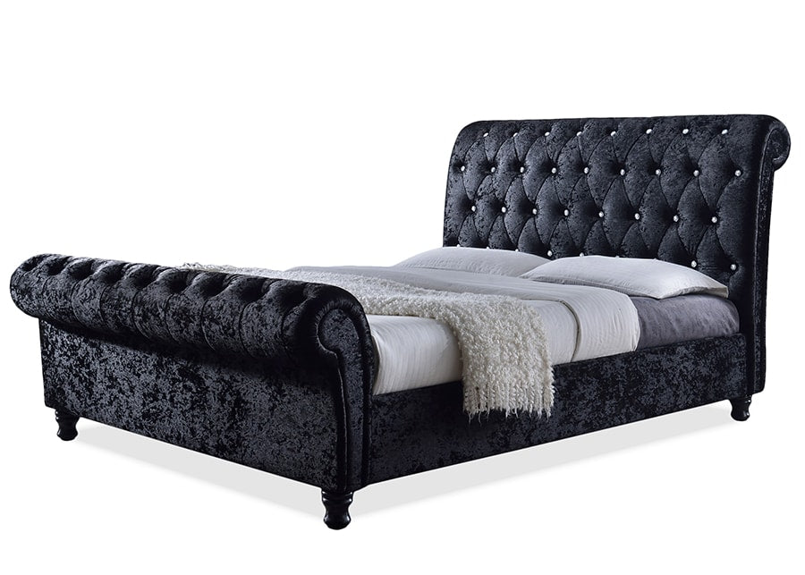 baxton studio castello black velvet upholstered faux crystal buttoned sleigh queen platform bed | Modish Furniture Store-2