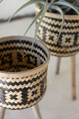 Woven Black & Natural Bamboo Plant Stands With Wood Legs Set Of 2 By Kalalou