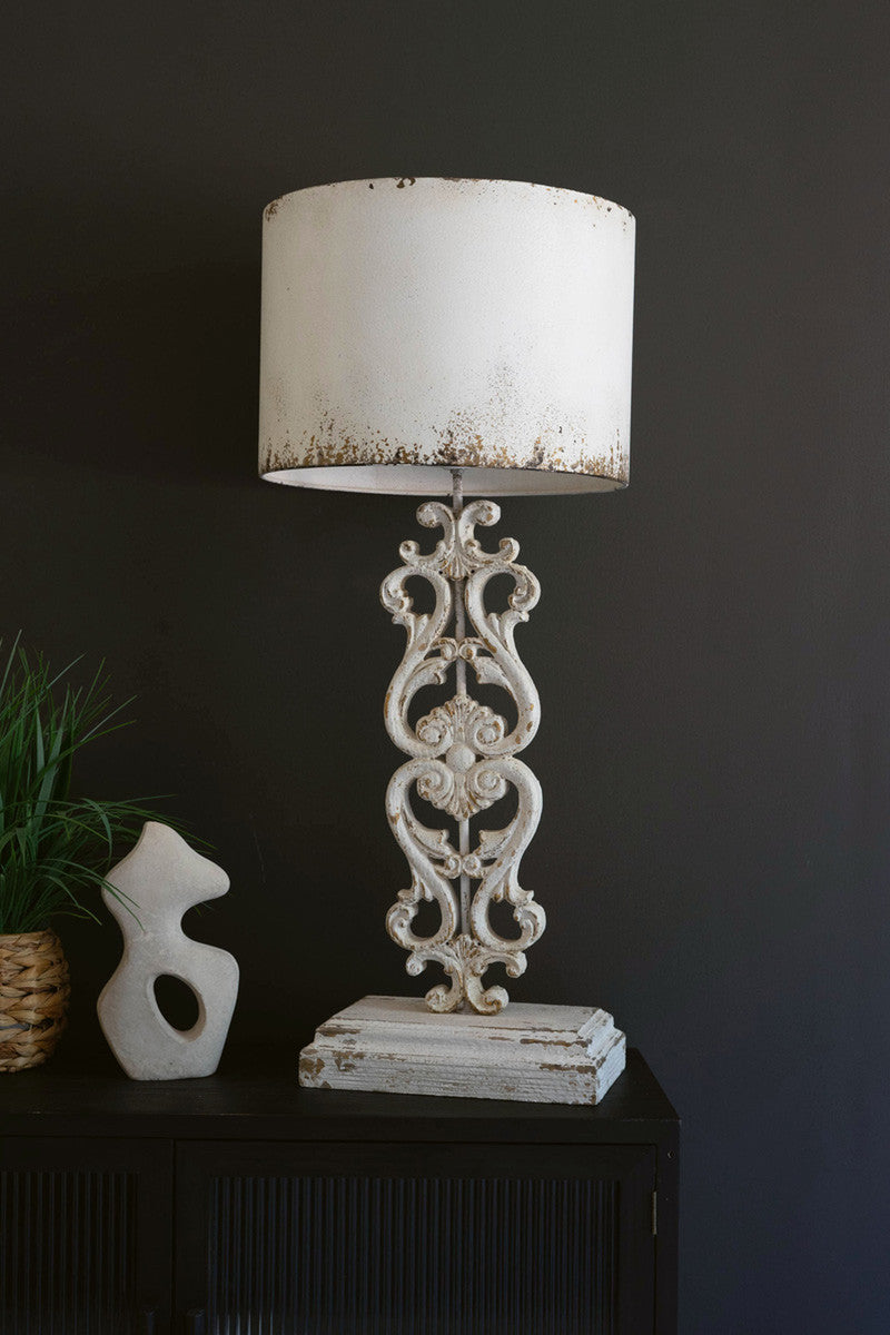 Table Lamp - Antique White With Carved Damask Base By Kalalou | Table Lamps | Modishstore - 2