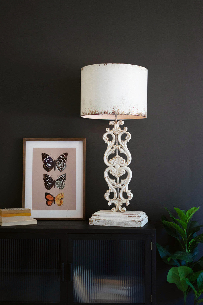 Table Lamp - Antique White With Carved Damask Base By Kalalou | Table Lamps | Modishstore - 4