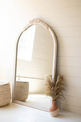 Large Arched Wood Framed Mirror With Carved Detail By Kalalou