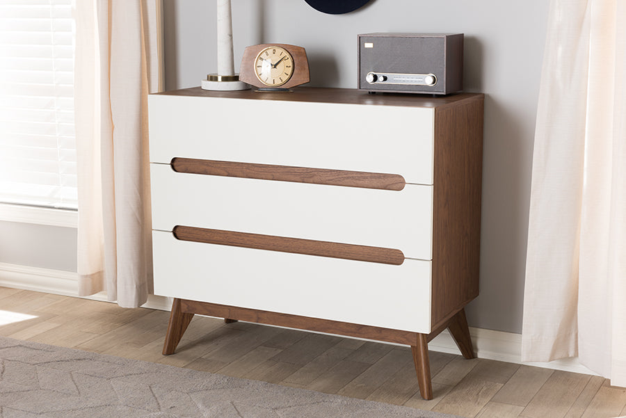 Baxton Studio Calypso Mid-Century Modern White and Walnut Wood 3-Drawer Storage Chest | Modishstore | Drawers