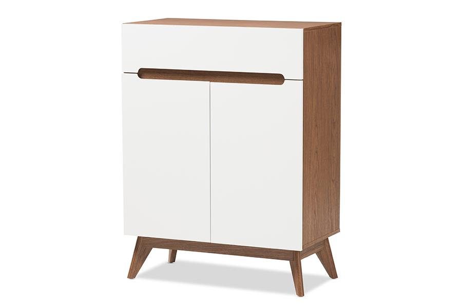 baxton studio calypso mid century modern white and walnut wood storage shoe cabinet | Modish Furniture Store-2