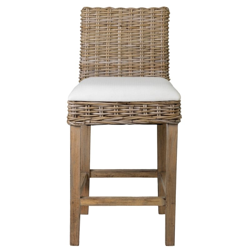 Durham Rattan Barstool w/ Upholestered Seat and Wood Base by Jeffan | Bar Stools | Modishstore