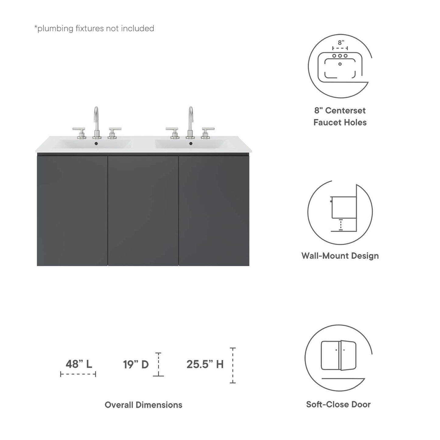 Bryn 48" Wall-Mount Double Sink Bathroom Vanity By Modway - EEI-5781 | Bathroom Accessories | Modishstore - 15