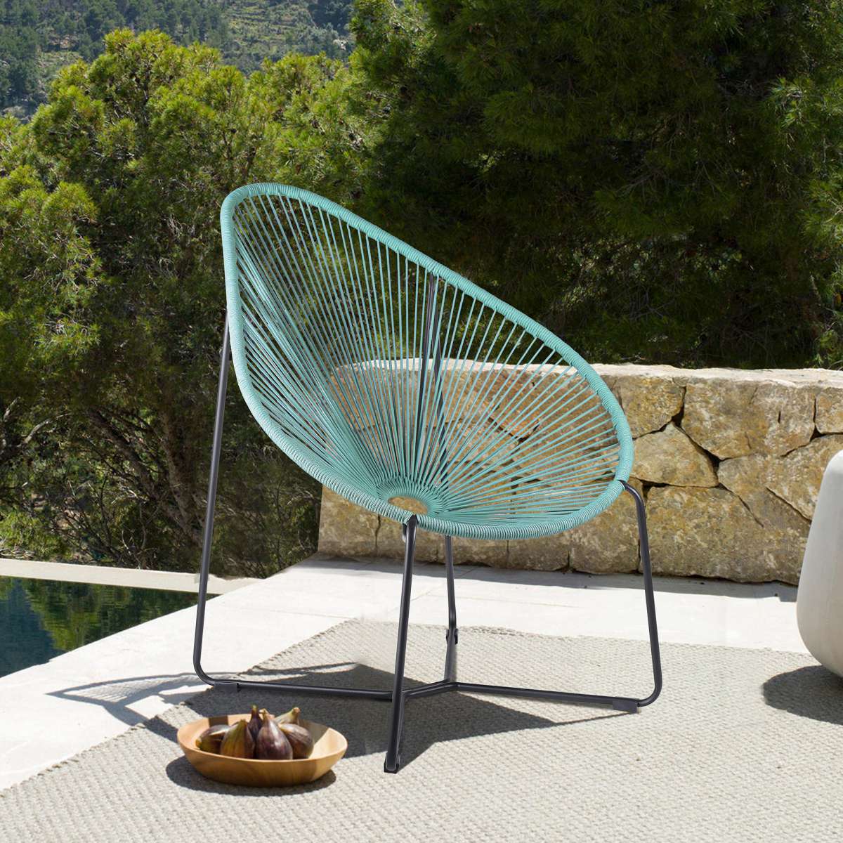 Acapulco Indoor Outdoor Steel Papasan Lounge Chair with Black Rope By Armen Living