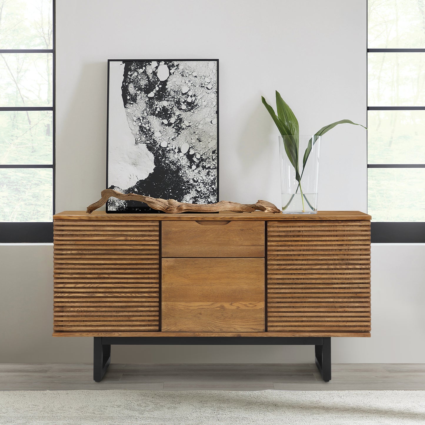 Aldo Brown Oak Sideboard Buffet Cabinet in Brown Oak Wood with Black Metal Legs By Armen Living | Sideboards | Modishstore