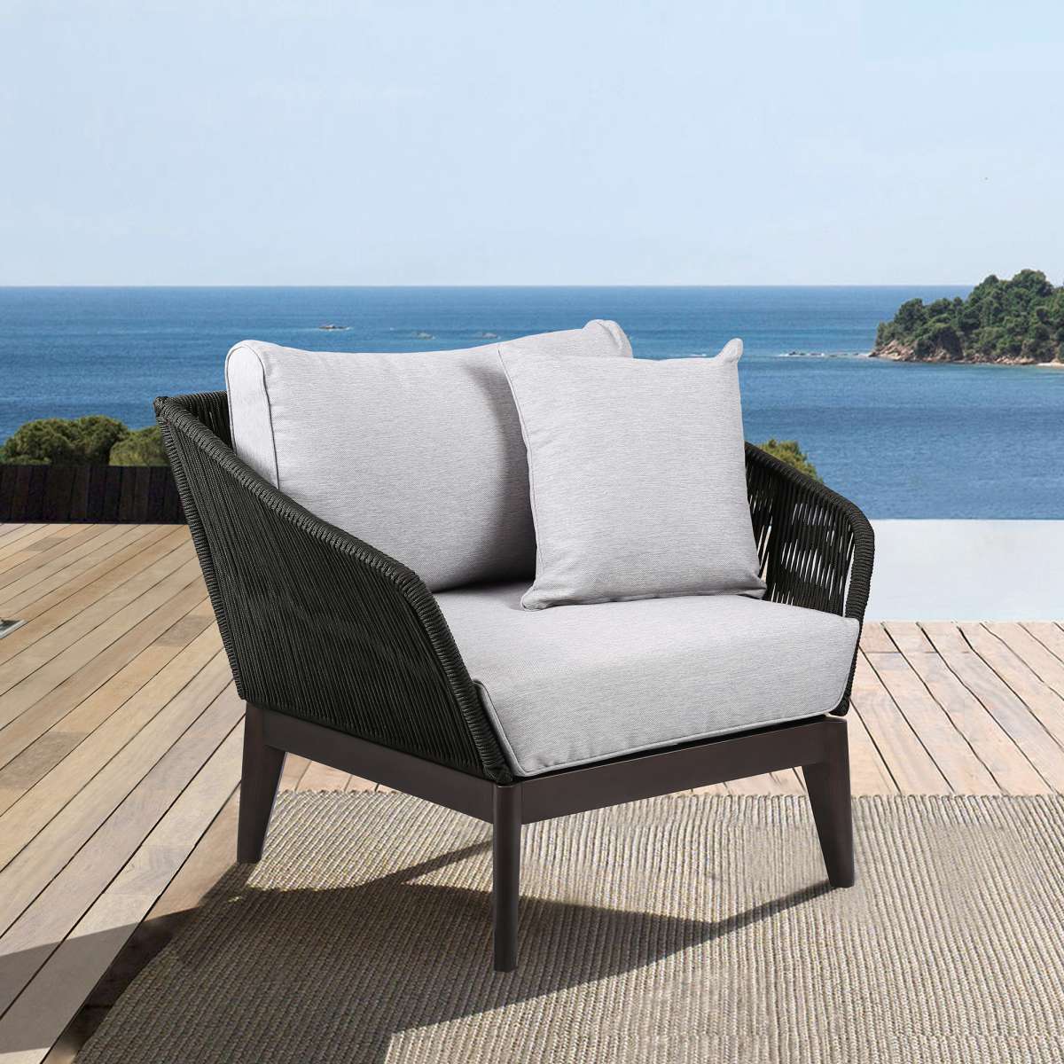 Athos Indoor Outdoor Club Chair in Dark Eucalyptus Wood with Latte Rope and Grey Cushions By Armen Living | Outdoor Chairs |  Modishstore 