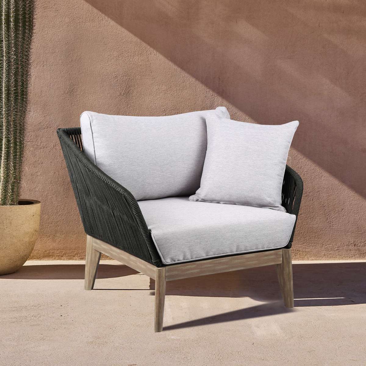 Athos Indoor Outdoor Club Chair in Dark Eucalyptus Wood with Latte Rope and Grey Cushions By Armen Living | Outdoor Chairs |  Modishstore  - 8