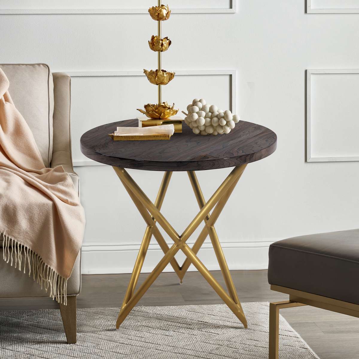 Atala Brown Veneer End Table with Brushed Gold Legs By Armen Living | End Tables |  Modishstore 