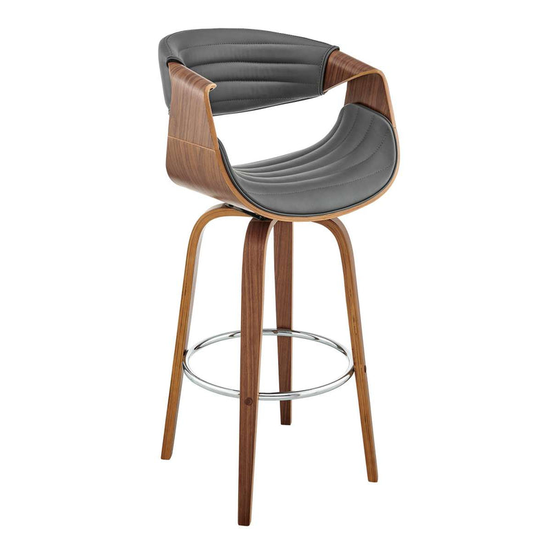 Arya 30" Swivel Bar Stool in Gray Faux Leather and Walnut Wood By Armen Living | Bar Stools | Modishstore