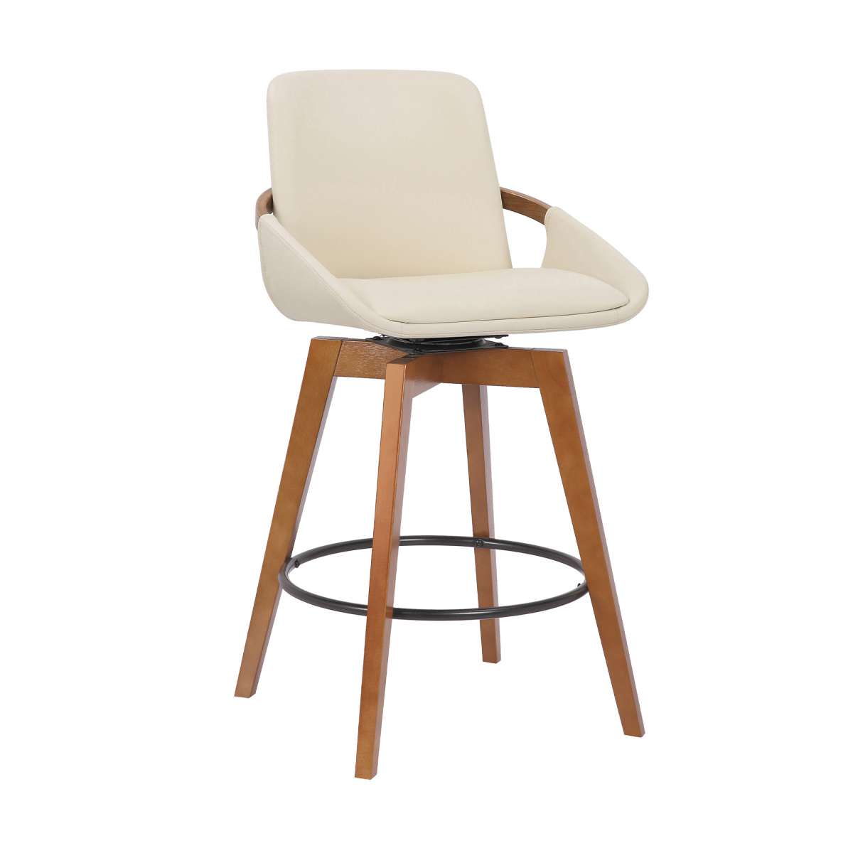 Baylor 26" Cream Faux Leather and Walnut Wood Swivel Bar Stool By Armen Living | Bar Stools | Modishstore