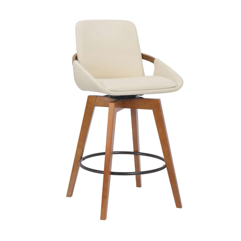 Baylor 26" Cream Faux Leather and Walnut Wood Swivel Bar Stool By Armen Living | Bar Stools | Modishstore