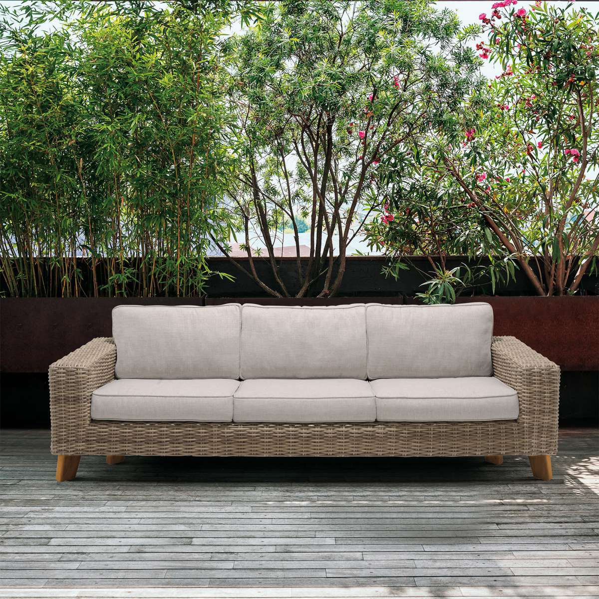 Bahamas Outdoor Wicker & Teak Wood Sofa with Beige Olefin By Armen Living | Outdoor Sofas, Loveseats & Sectionals |  Modishstore 