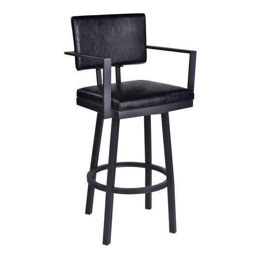 Balboa 30" Bar Height Swivel Vintage Black Faux Leather and Metal Bar Stool with Arms By Armen Living | Bar Stools | Modishstore