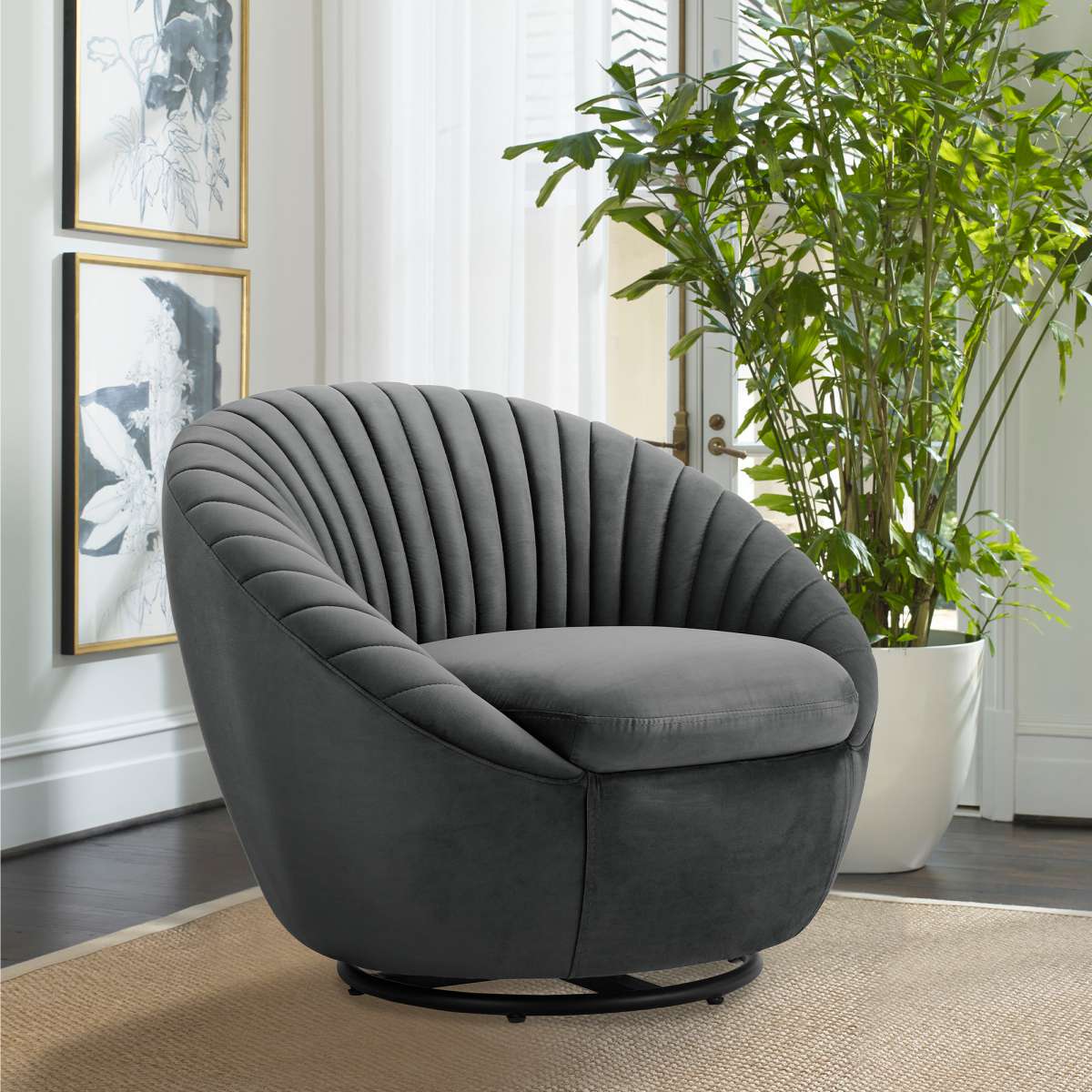 Bella Biege Velvet Swivel Accent Chair with Black Base By Armen Living | Accent Chairs |  Modishstore  - 14