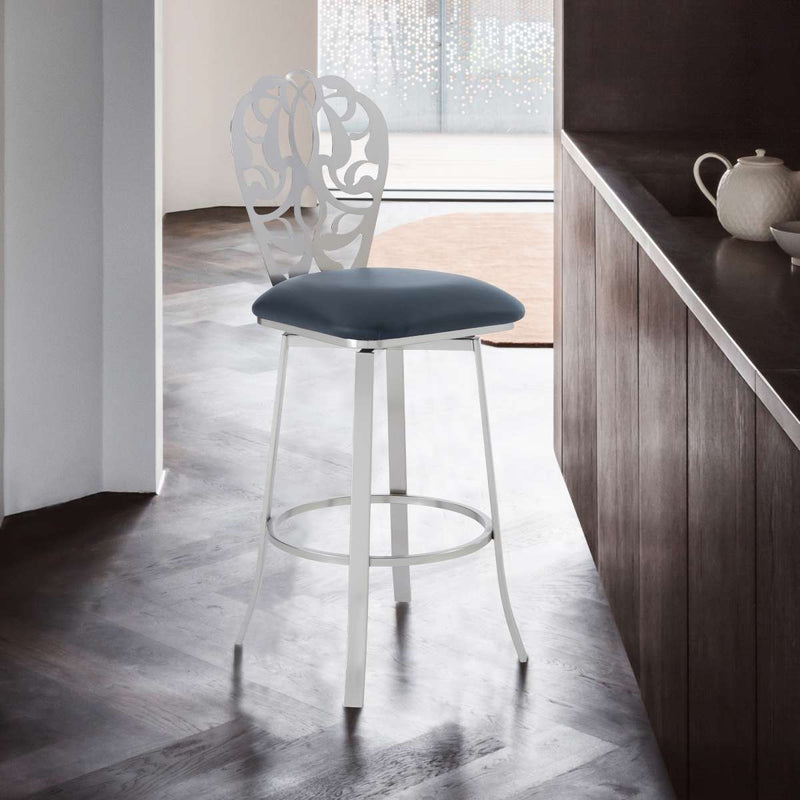 Cherie Contemporary 26" Counter Height Barstool in Brushed Stainless Steel Finish and Gray Faux Leather By Armen Living | Bar Stools |  Modishstore 