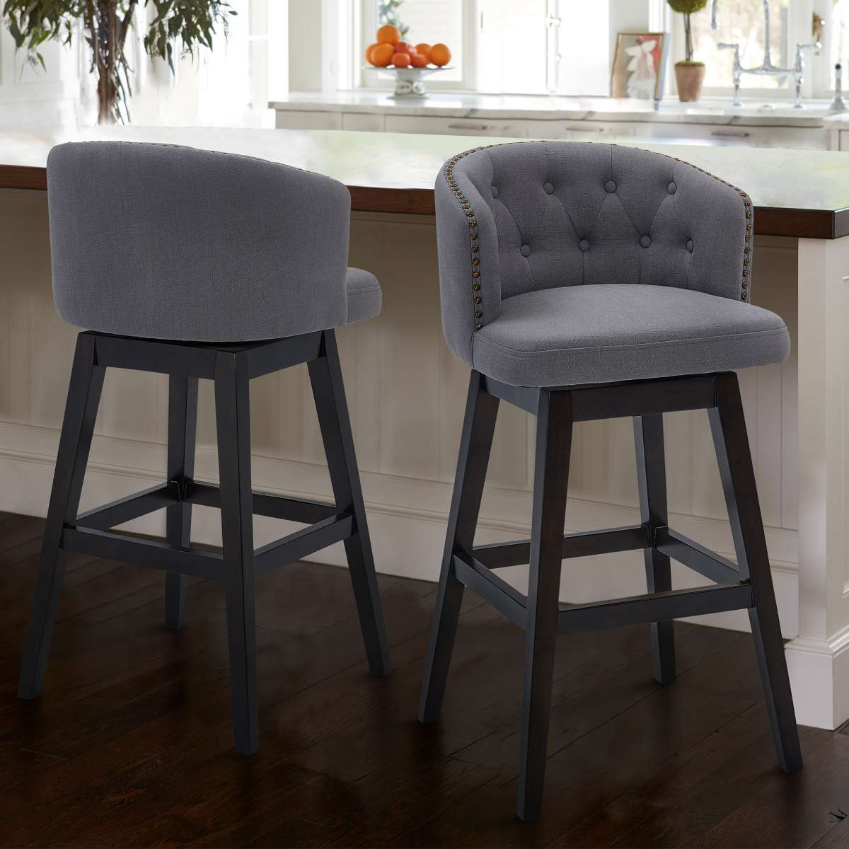 Celine 30" Bar Height Swivel Grey Fabric and Espresso Wood Bar Stool By Armen Living | Bar Stools |  Modishstore 