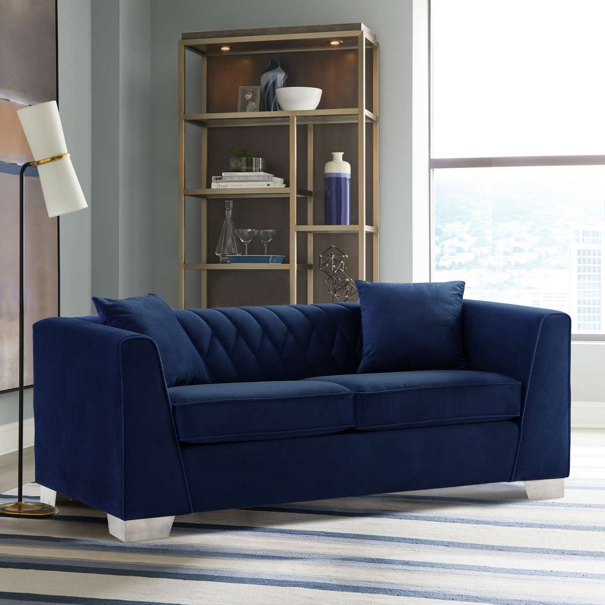 Cambridge Contemporary Loveseat in Brushed Stainless Steel and Blue Velvet By Armen Living | Loveseats | Modishstore