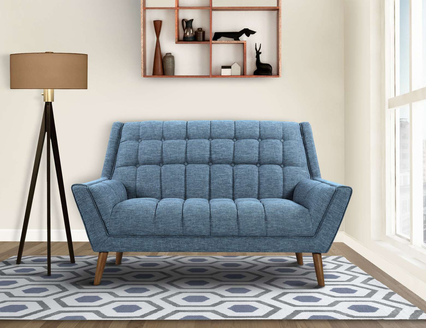 Cobra Mid-Century Modern Loveseat in Blue Linen and Walnut Legs By Armen Living | Loveseats | Modishstore