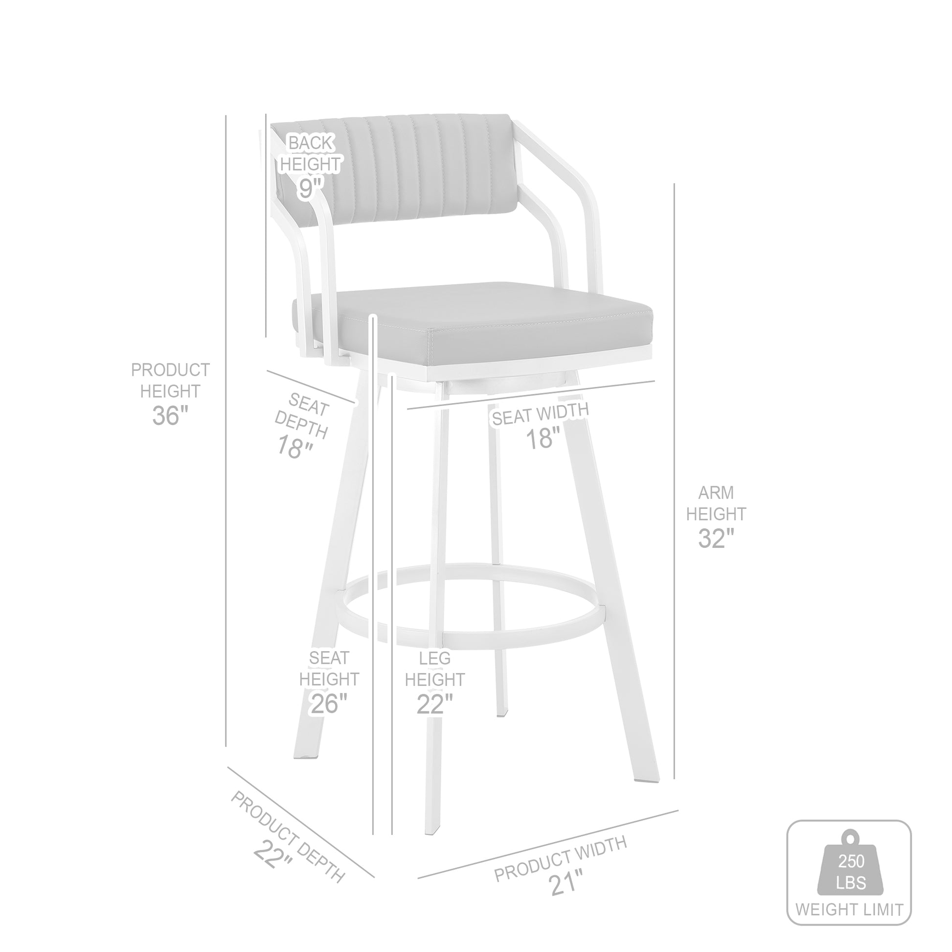 Capri 26" Swivel White Faux Leather and Silver Metal Bar Stool By Armen Living | Bar Stools | Modishstore - 9