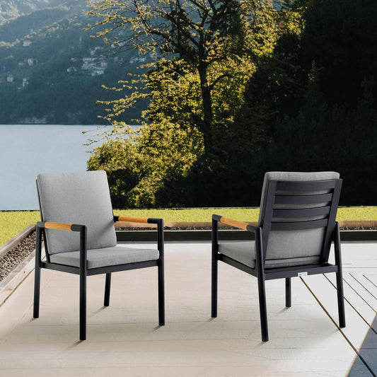 Crown Black Aluminum and Teak Outdoor Dining Chair with Dark Gray Fabric - Set of 2 By Armen Living | Outdoor Chairs |  Modishstore 