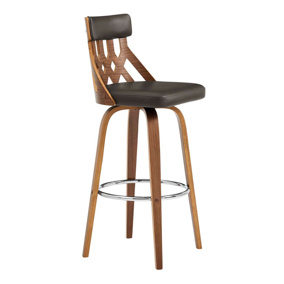 Crux 30" Swivel Bar Stool in Brown Faux Leather and Walnut Wood By Armen Living | Bar Stools | Modishstore