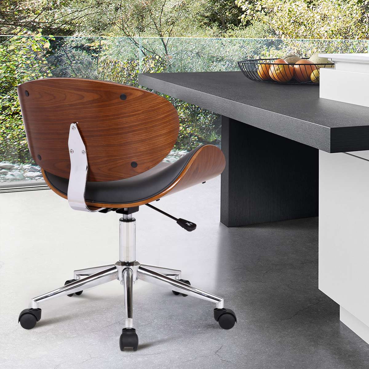 Daphne Modern Office Chair In Chrome Finish with Black Faux Leather And Walnut Veneer Back By Armen Living