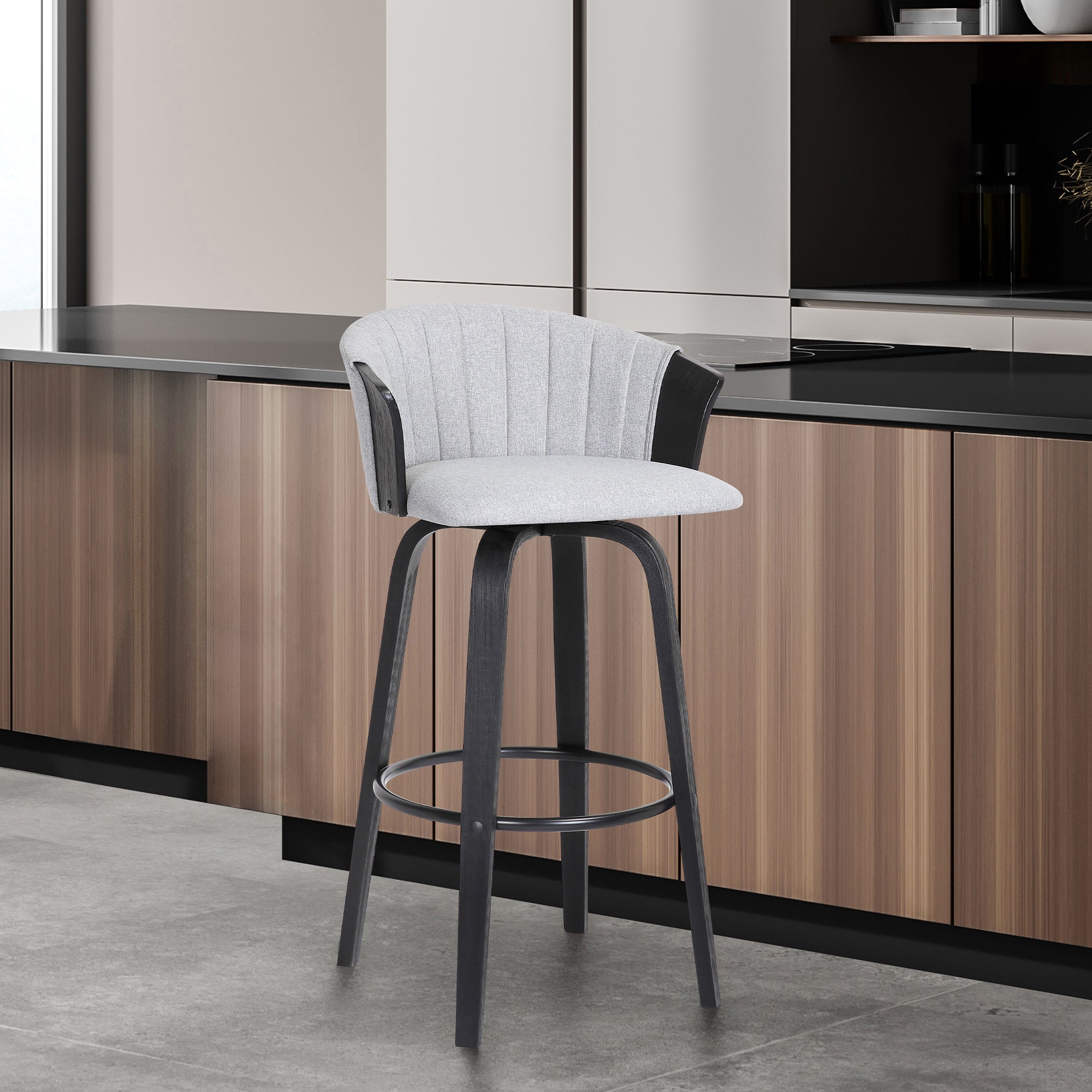 Diana 30 Swivel Black Wood Bar Stool in Light Grey Fabric By Armen Li Modish Store