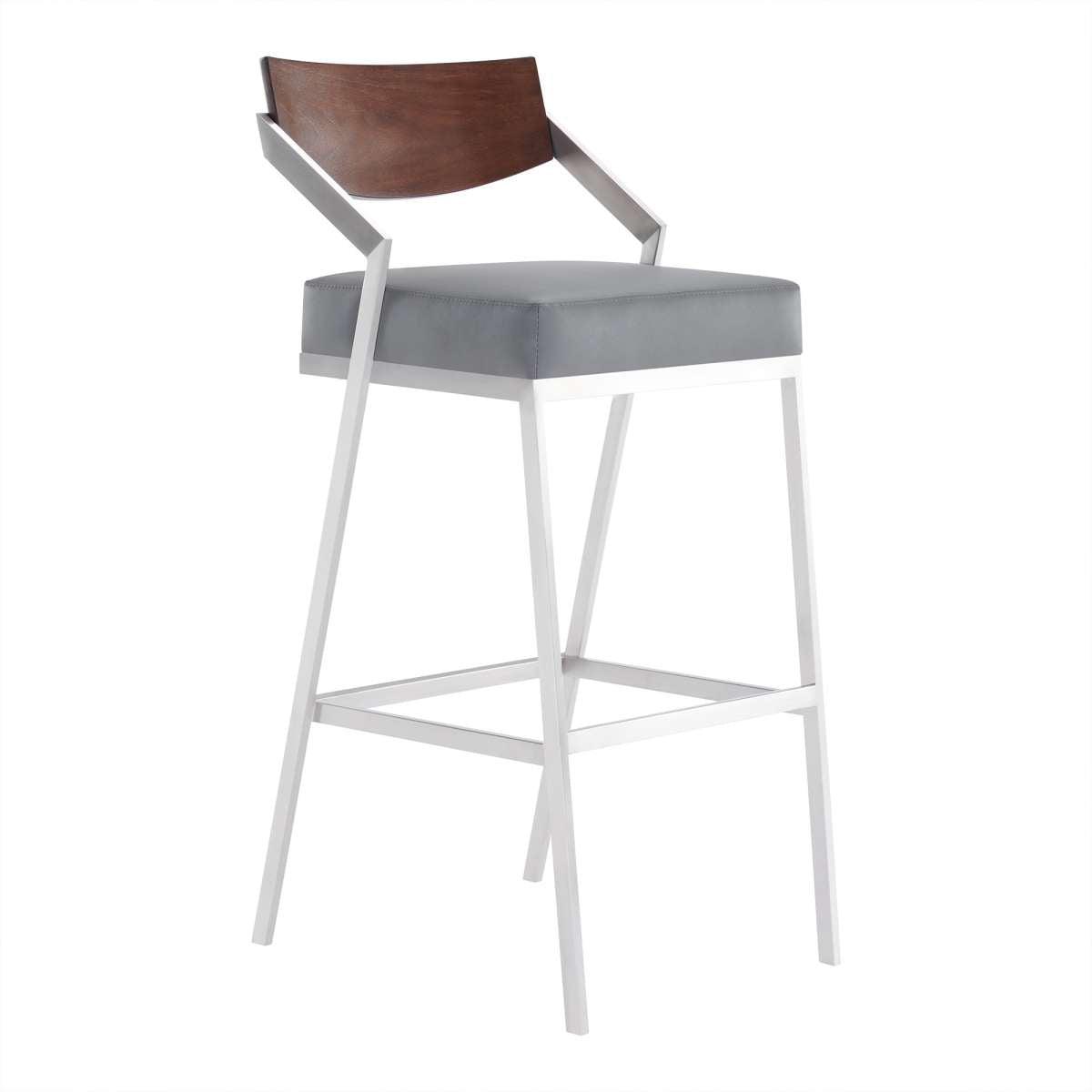 Dakota Mid-Century 30" Counter Height Barstool in Brushed Stainless Steel with Gray Faux Leather and Walnut Wood Finish Back By Armen Living | Bar Stools | Modishstore