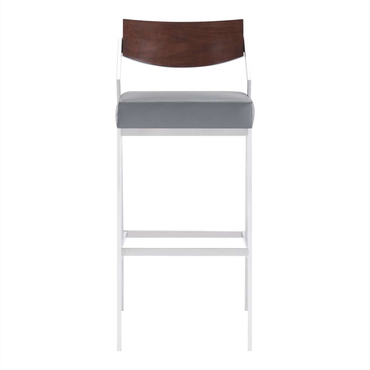 Dakota Mid-Century 30" Counter Height Barstool in Brushed Stainless Steel with Gray Faux Leather and Walnut Wood Finish Back By Armen Living | Bar Stools | Modishstore - 2