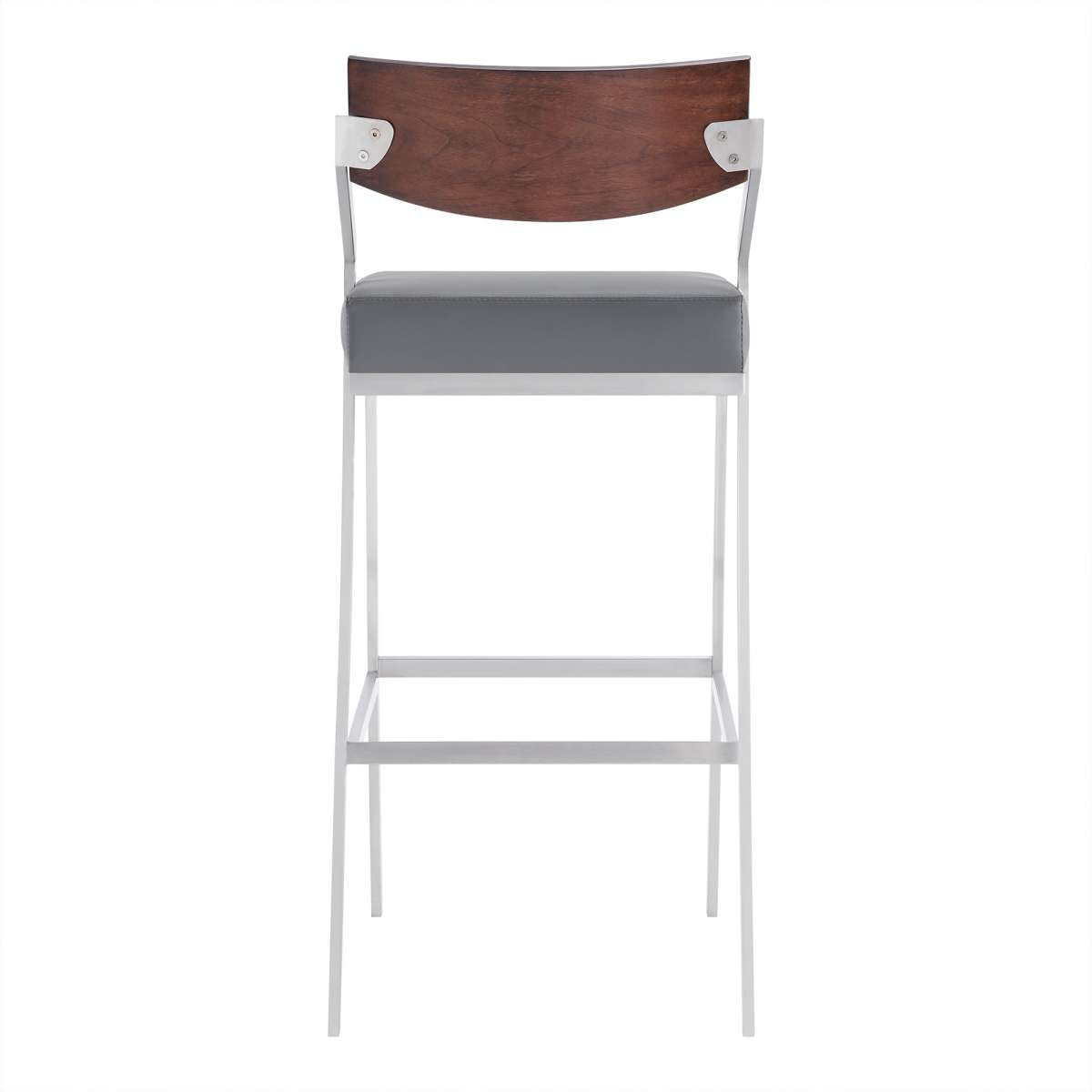 Dakota Mid-Century 30" Counter Height Barstool in Brushed Stainless Steel with Gray Faux Leather and Walnut Wood Finish Back By Armen Living | Bar Stools | Modishstore - 3