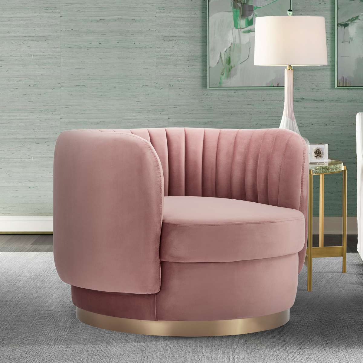 Davy Blush Velvet Swivel Accent Chair with Gold Base By Armen Living | Accent Chairs |  Modishstore 