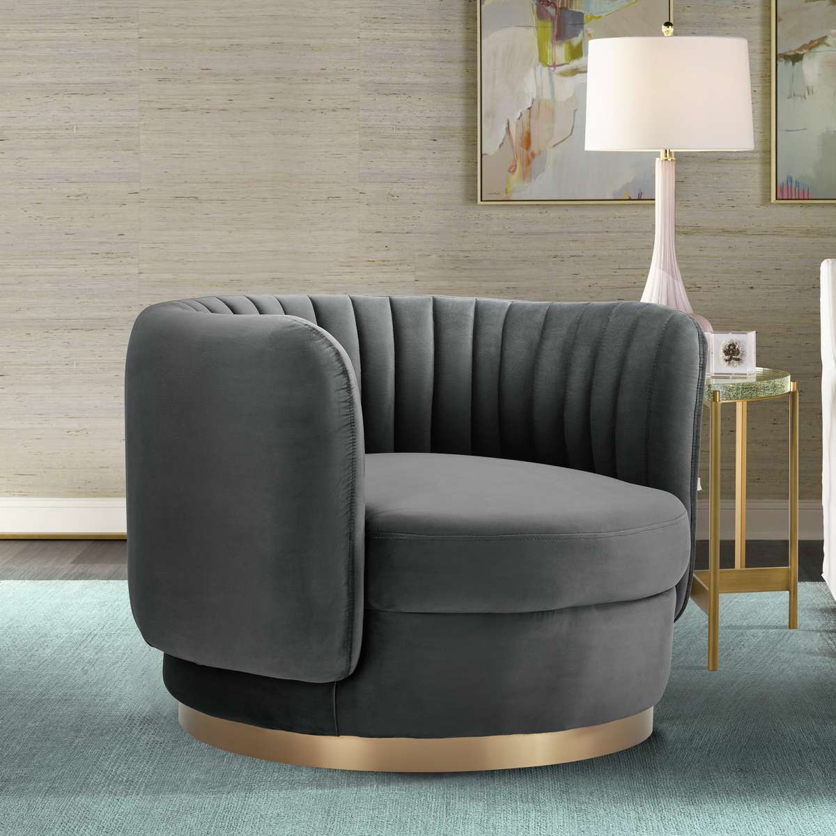 Davy Blush Velvet Swivel Accent Chair with Gold Base By Armen Living | Accent Chairs |  Modishstore  - 8