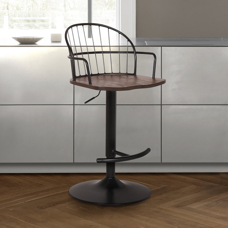 Edward Adjustable Walnut Glazed Barstool in Black Powder Coated Finish By Armen Living | Bar Stools | Modishstore