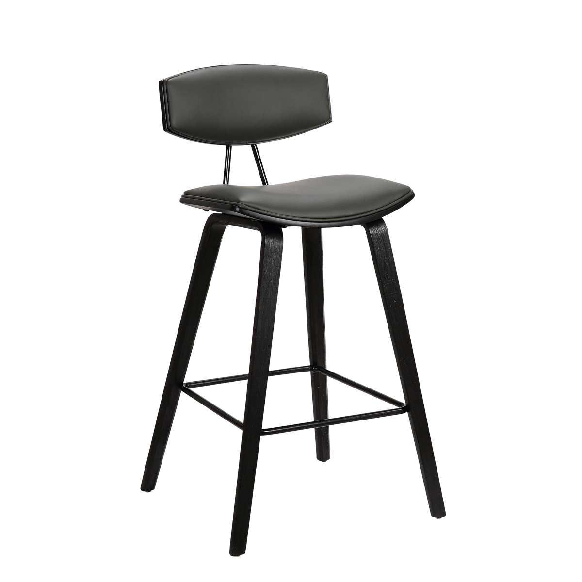 Fox 28.5" Bar Height Grey Faux Leather and Black Wood Mid-Century Modern Bar Stool By Armen Living | Bar Stools | Modishstore