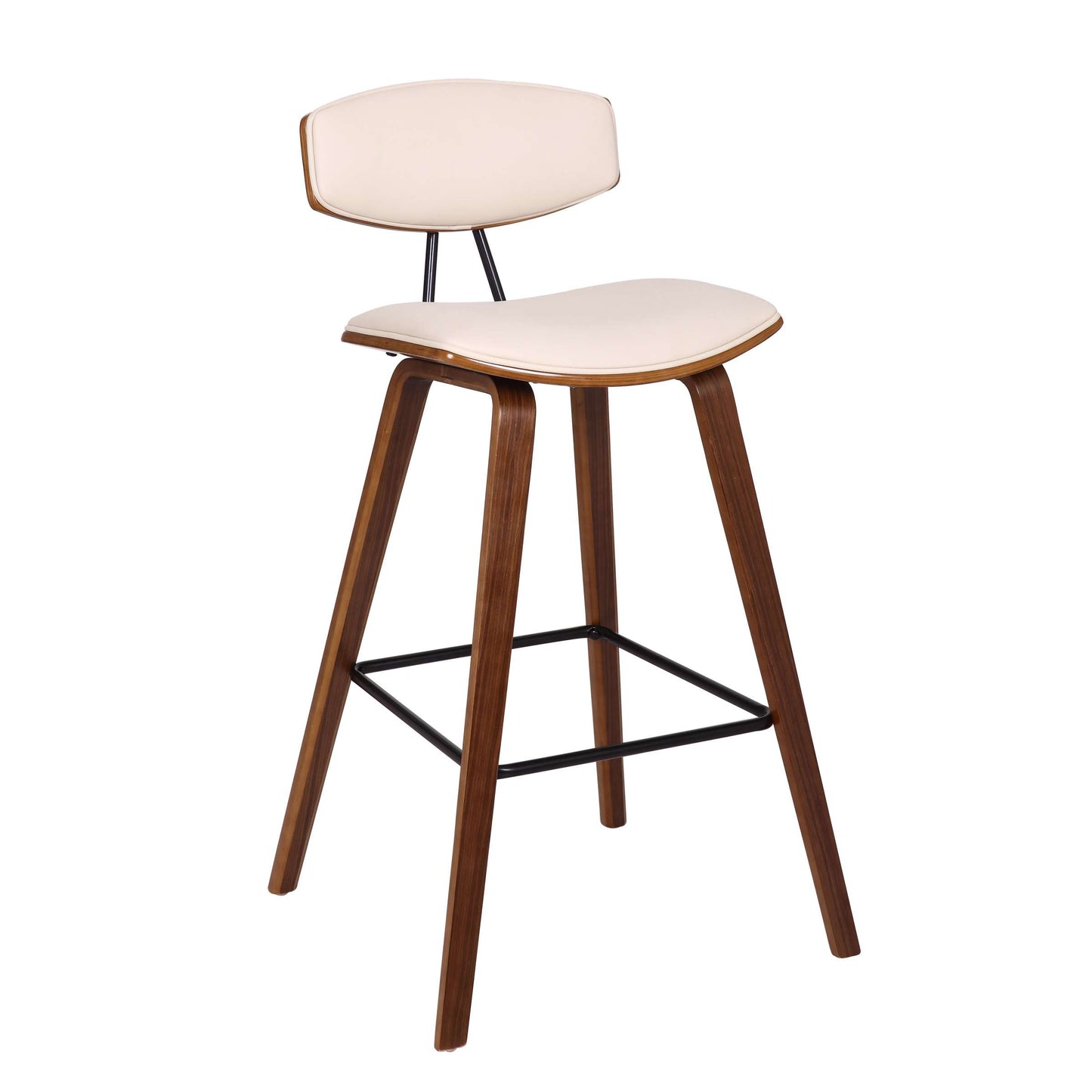 Fox 28.5" Bar Height Cream Faux Leather and Walnut Wood Mid-Century Modern Bar Stool By Armen Living | Bar Stools | Modishstore